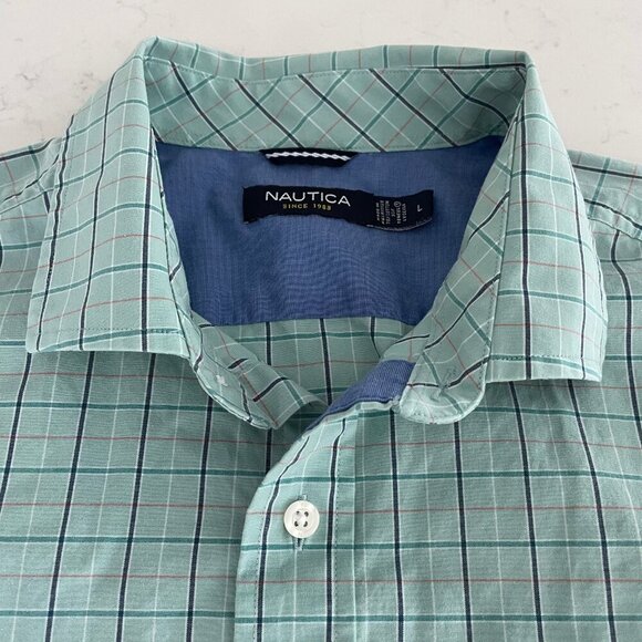 Nautica LS Button Down Cotton Tencel Blend Check Shirt Soft Green Blue Sz L - Picture 7 of 13